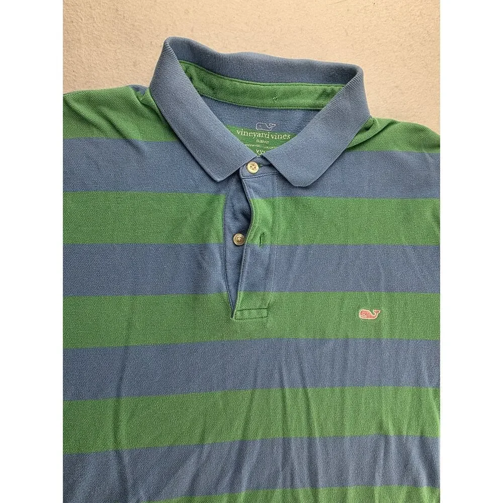 Vineyard Vines Slim Fit Green Blue Striped Polo Short Sleeve Size XXL